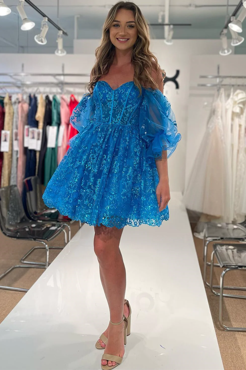 Blue Off-the-Shoulder Puff Sleeves A-line Applique Homecoming Dress Y2903