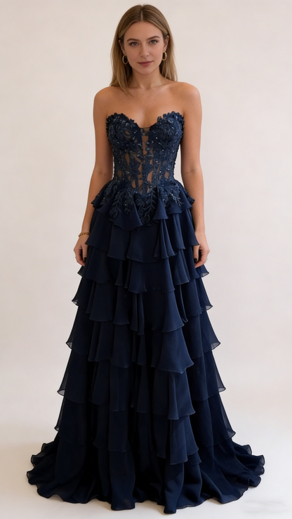 Gorgeous Strapless Navy Blue Chiffon Layered Long Party Dress Birthday Prom Dress With Appliques SP1673
