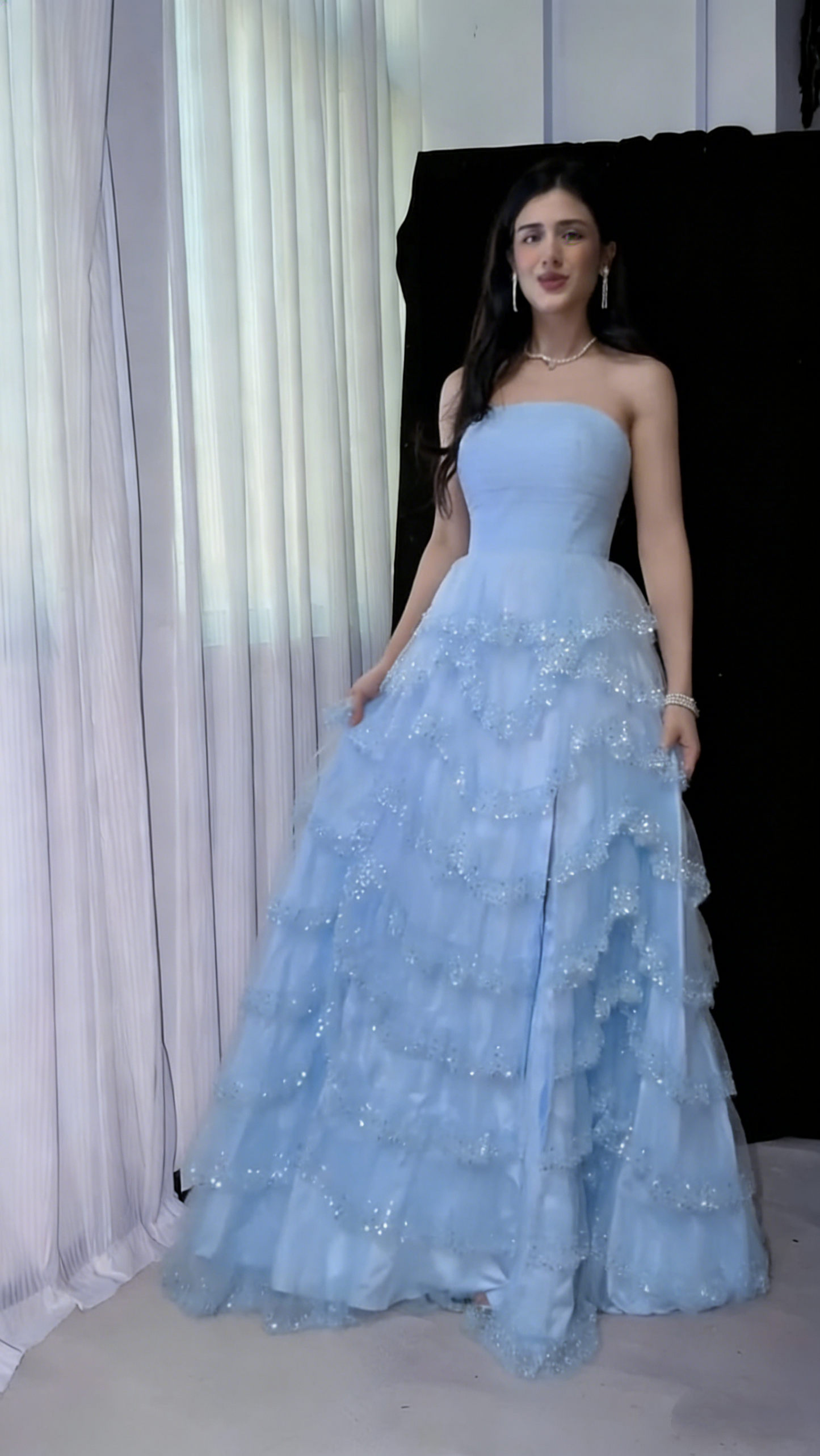 Glamorous Strapless Blue Tulle Sequin Layered Long Birthday Party Dress Prom Gowns SP2076