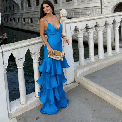 Classy Spaghetti Straps Burgundy Satin Layered Mermaid Evening Dress Long Wedding Guest Dress SP1304