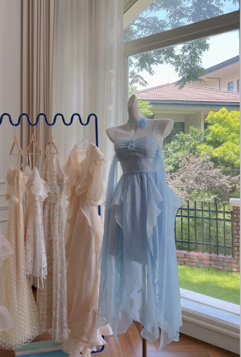 Simple Blue Spaghetti Straps Chiffon Homecoming Dress Party Dress Y8581