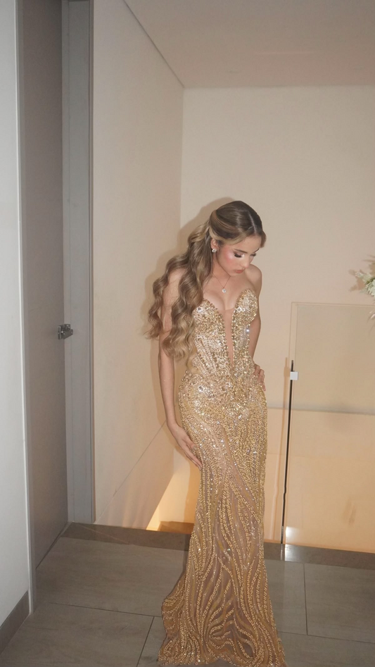 Elegant Strapless Gold Tulle Beaded Mermaid Long Party Dress Birthday Prom Dresses SP2226