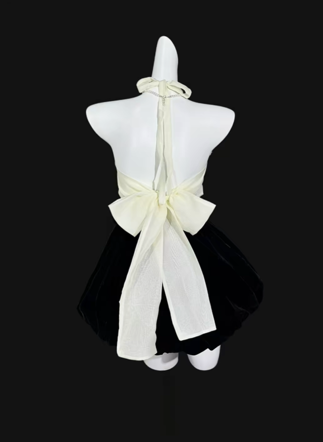 Fashion Black Halter Satin A Line Short Homecoming Dress Cocktail Dress With Bow SP3499