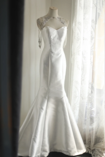 Charming Sleeveless Satin Beaded Mermaid Long Wedding Dress Formal Bridal Dress SP1241