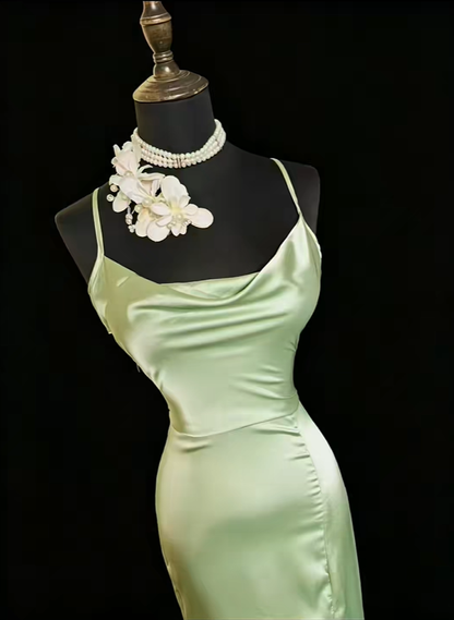 Sexy Spaghetti Straps Sheath Satin Slit Evening Dress Sage Green Backless Long Wedding Guest Dress SP2377