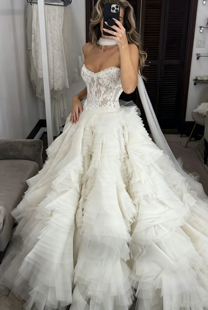 Pretty Sweetheart Neck White Tulle Lace Long Wedding Dress Bridal Gowns SP3625
