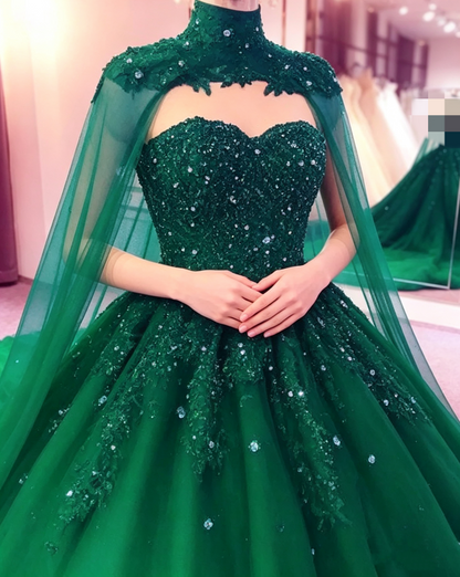Green Sweetheart Ball Gown Prom Dress With Cape S13179