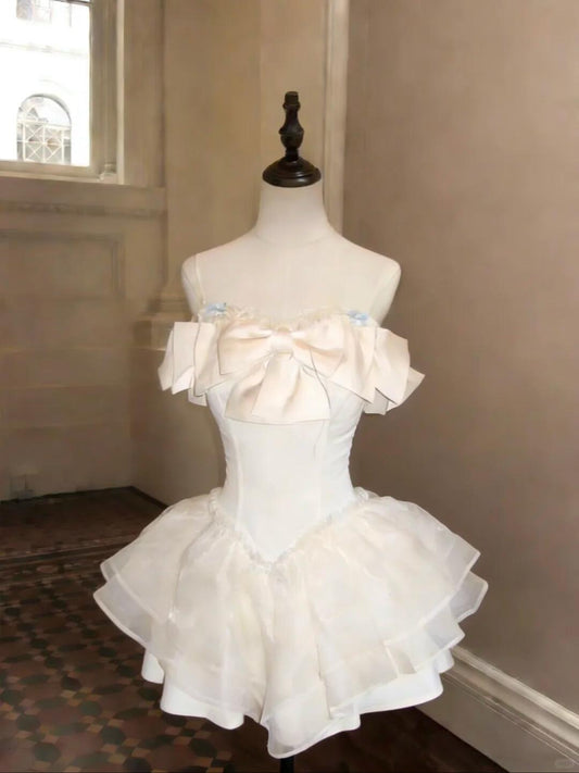 Pretty Off The Shoulder White Tulle Satin Short 7th Grade Homecoming Dress Cocktail Dress SP2393