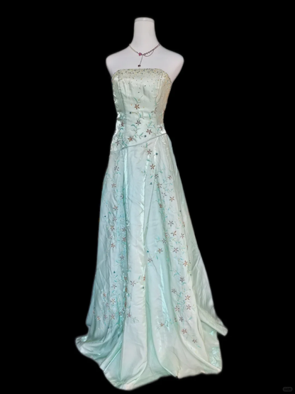 Pretty Mint Green Strapless Satin Beaded A Line Long Birthday Dress Party Dress SP2324