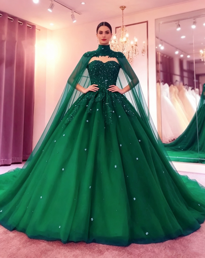 Green Sweetheart Ball Gown Prom Dress With Cape S13179