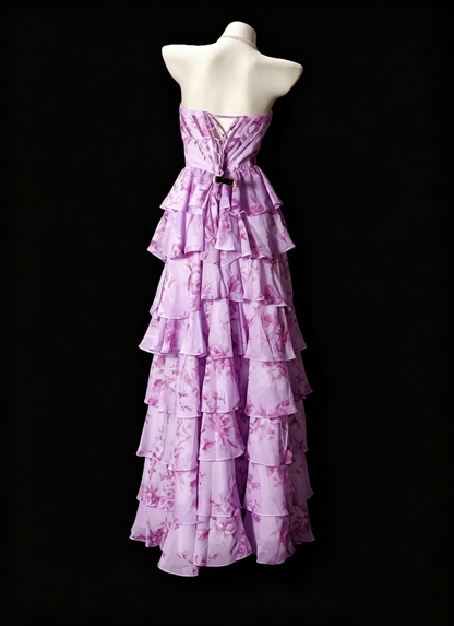Elegant Purple Chiffon Print Floral Layered Long Party Dress Prom Dress SP3162