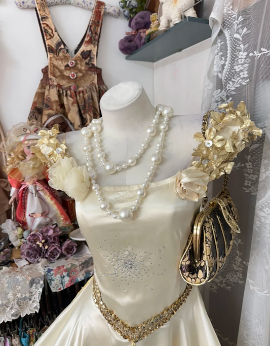 Vintage Yellow Satin Beaded Mermaid Long Party Dress 19th Birthday Outfits SP1873