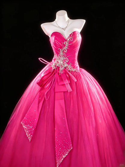 Glamorous Strapless Sweetheart Hot Pink Tulle Ball Gown Crystal Rhinestone Embellished Quinceanera Dress SP2737