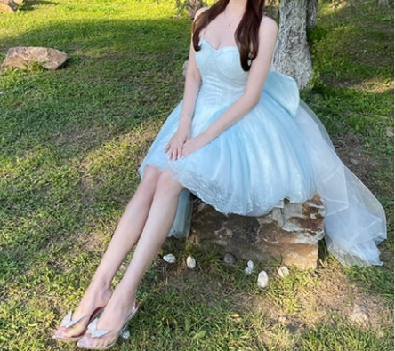 Fairy Blue Tulle Lace A Line Short 16th Birthday Outfits,Sweetheart Neck Mini Homecoming Dress With Bow SP3481