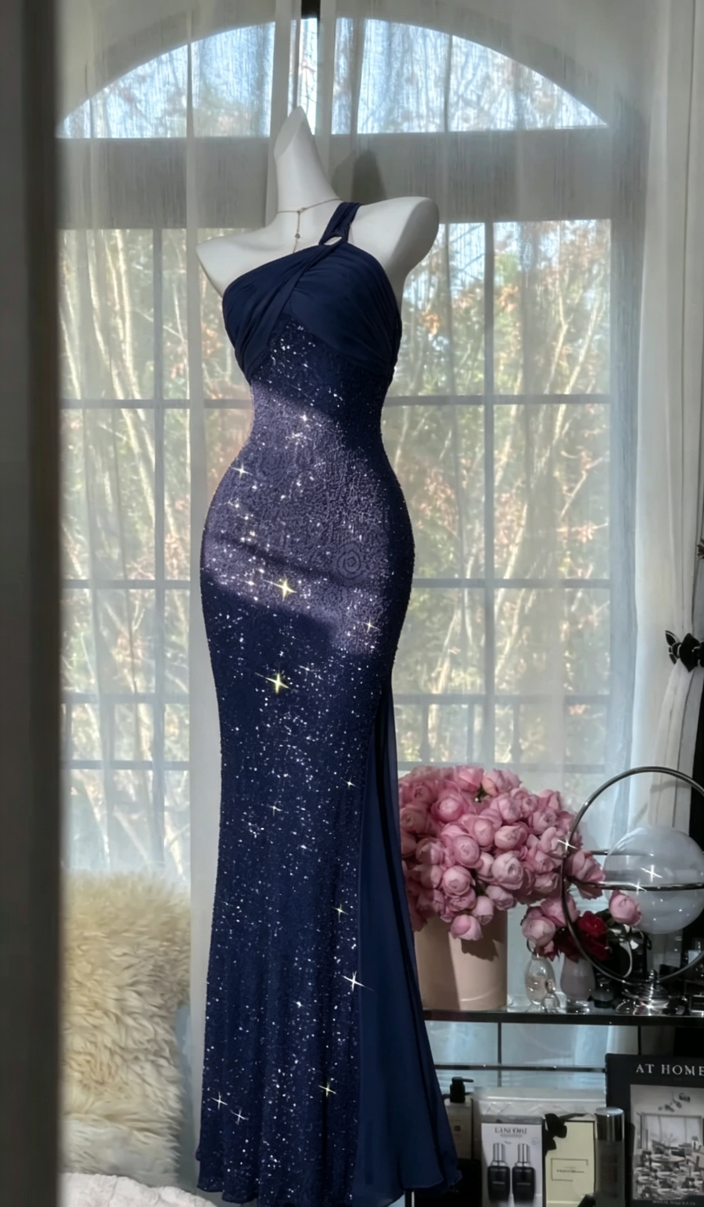 Sparkly One Shoulder Sequin Chiffon Mermaid Evening Dress Hot Pink Long Birthday Dress SP1668