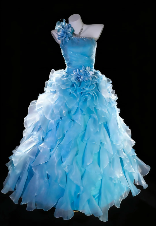 Fairy Blue Ball Gown One Shoulder Tulle Beaded Ruffles Long Birthday Evening Dress Prom Gown SP1836
