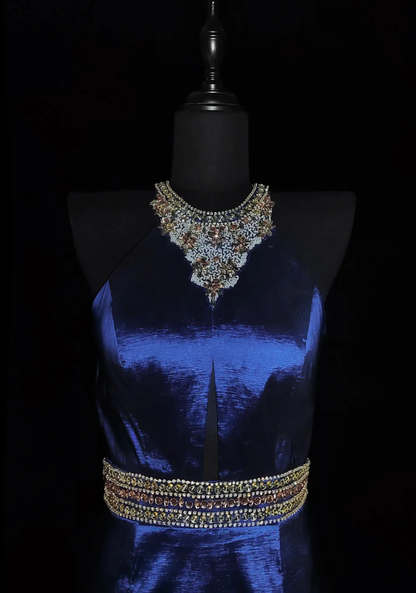 Gorgeous Navy Blue Satin Beaded Mermaid Prom Dress Backless Long Evening Dress SP436