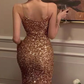 Sparkly Sequins Slit Midi Prom Dress Gold Evening Dress Y7648