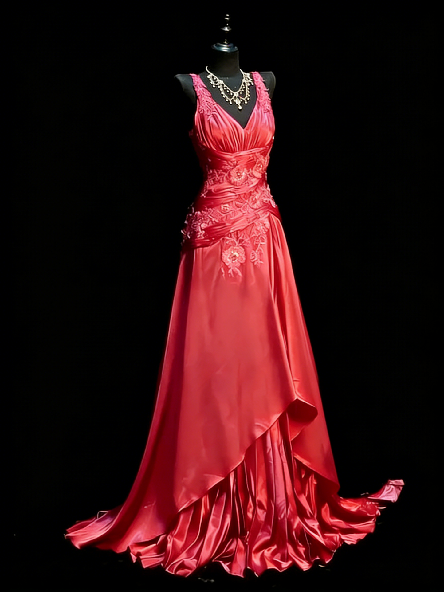Vintage Grape V Neck Satin Appliques Sleeveless Long Evening Dress Prom Dress SP1727
