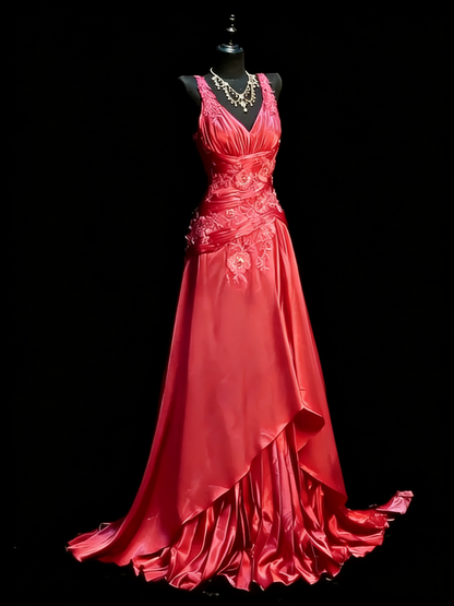 Vintage Grape V Neck Satin Appliques Sleeveless Long Evening Dress Prom Dress SP1727
