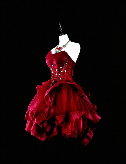 Charming Strapless Tulle Appliques Beaded A Line Short 16th Birthday Outfits,Red Short Graduation Homecoming Dress SP3395