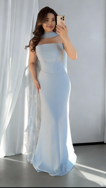 Pretty Strapless Blue Satin Mermaid Long Wedding Guest Dress Evening Dress With Lace Scarf SP1743