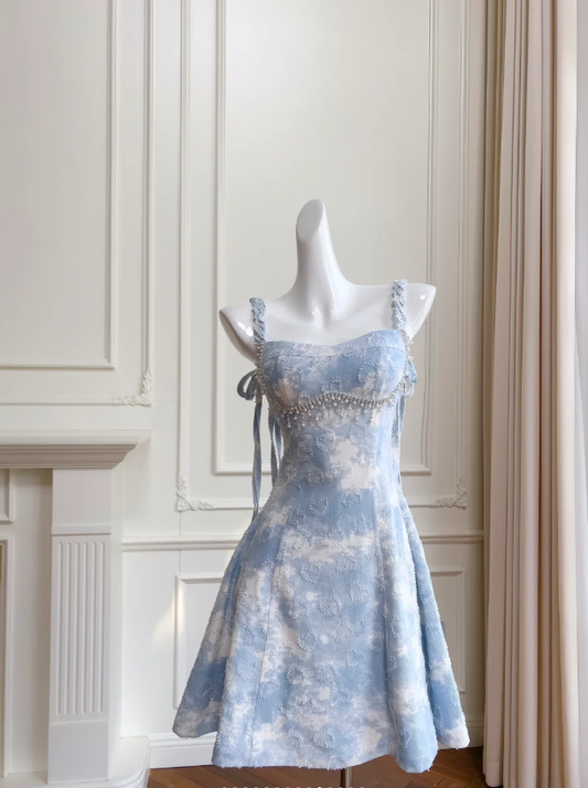 Glamorous Blue Satin Beaded Mini Prom Dress,A Line Homecoming Dress Y8572