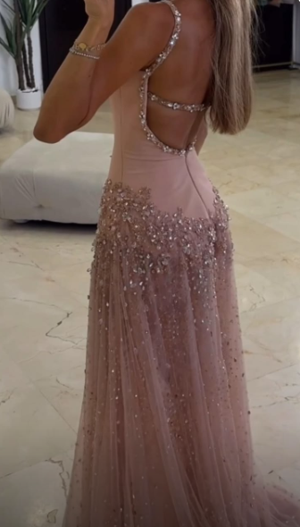 Classy Pink Satin Tulle Beaded Prom Dress Backless Long Party Dress SP4263