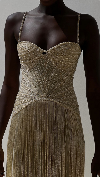 Luxurious Spaghetti Straps Sequin Beaded Tassel Gold Long Evening Dress Prom Gown SP792