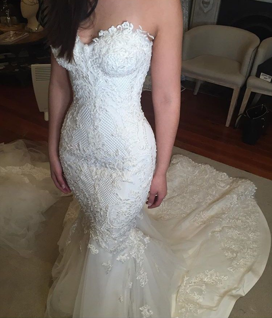 Pretty Strapless Tulle Appliques White Mermaid Long Wedding Dress Bridal Dress SP825