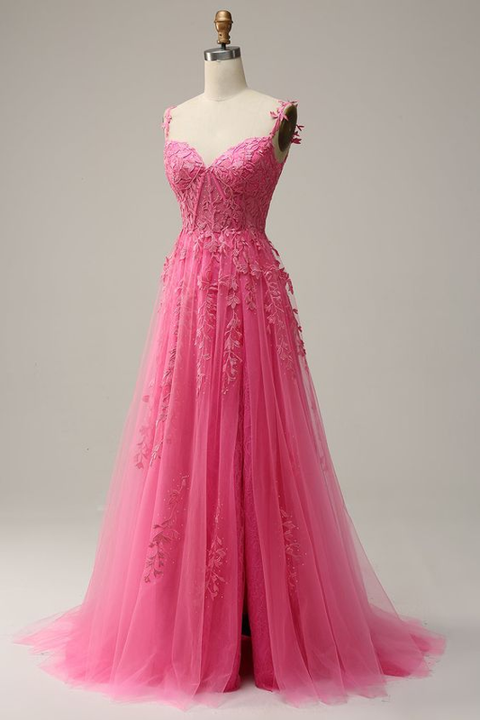 A Line Spaghetti Straps Lace Hot Pink Prom Dress with Appliques Y4487