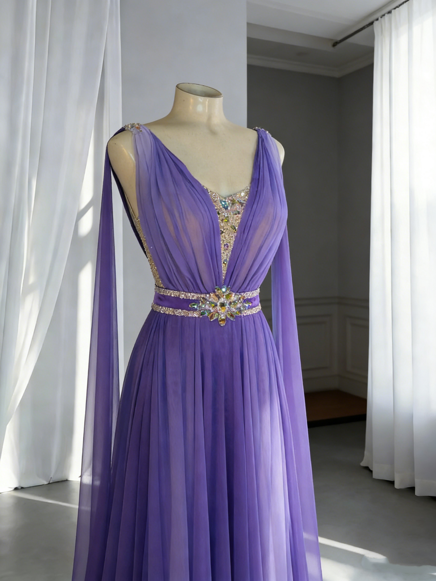 Glamorous V Neck Purple Chiffon Beaded Long Birthday Evening Dress Prom Gown SP1744