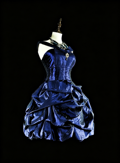 Vintage Blue Satin Pleated A Line Short Homecoming Dress Cocktail Dress SP3386
