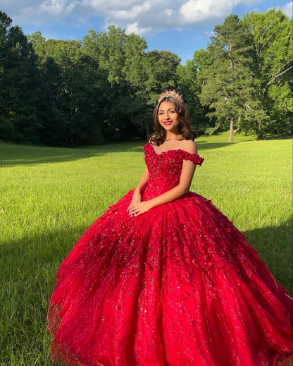 sweet 16 dresses in red Rachel Allan RQ2220 Gliiter 3D Long Quinceanera Dress Lace Fabric Color Red Sparkly Tulle Quinceanera Dresses