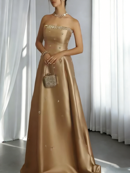 Gorgeous Golden Satin Beaded Strapless Evening Dress Long Party Dress SP1726