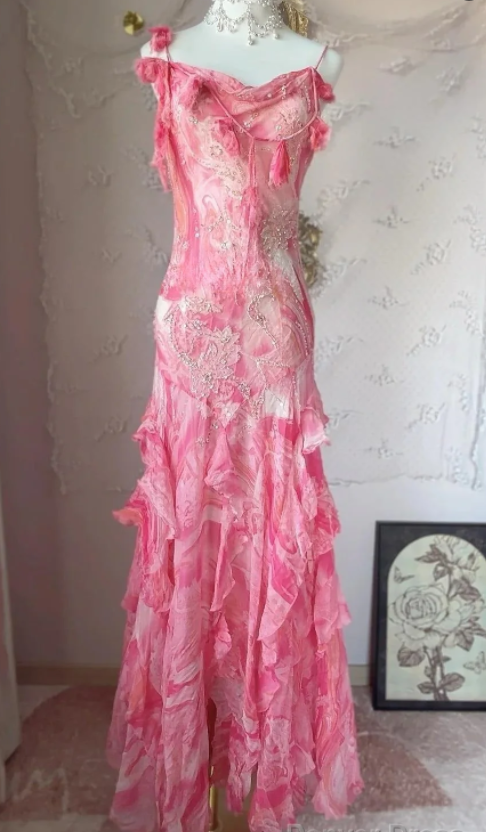 Pink Chiffon Sequin Beaded Ruffled Evening Dress,Long Spaghetti Straps Prom Dress Y8711