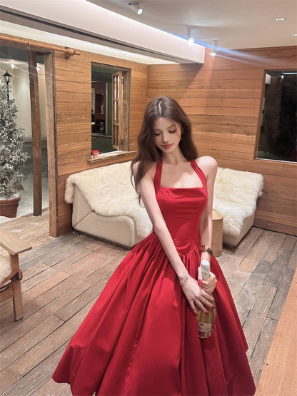Charming Halter A Line Satin Long Prom Dress Red Evening Dress Birthday Dress SP2297