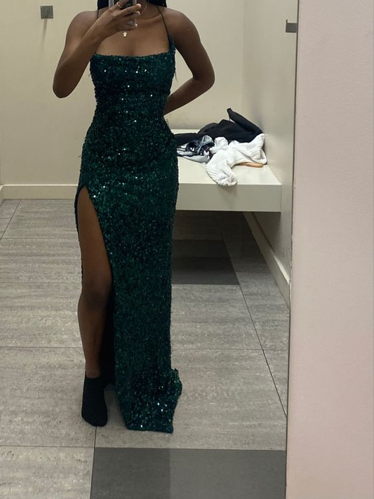 Charming Green Sequins Sheath Prom Dress With Split Y6653