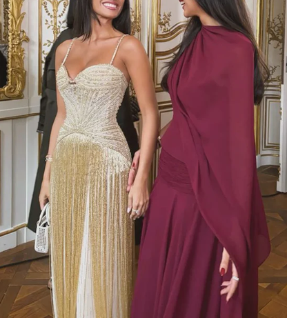 Luxurious Spaghetti Straps Sequin Beaded Tassel Gold Long Evening Dress Prom Gown SP792