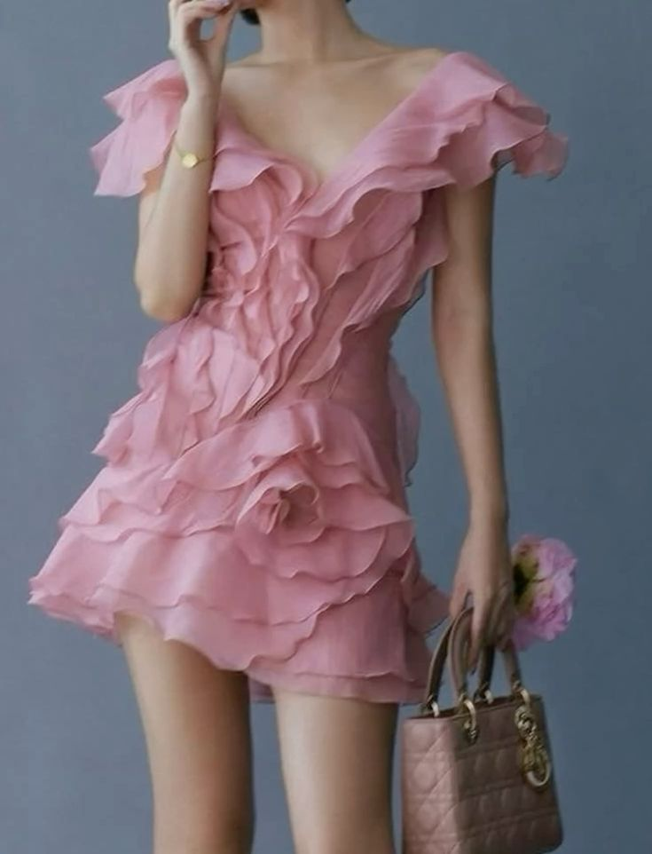 Classy V Neck Pink Chiffon Ruffle Short 20th Birthday Outfits Homecoming Dress Y9668