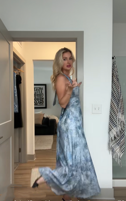 Classy Halter Chiffon Print Floral Blue A Line Long Party Dress Backless Evening Gowns SP2110