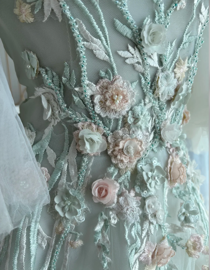 Elegant Off The Shoulder Tulle Appliques Beaded Mermaid Party Dress, Light Green Long Wedding Guest Dress SP1455