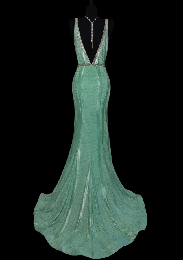 Sexy V Neck Green Satin Beaded Mermaid Party Gown Backless Long Prom Dress SP442