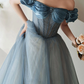Blue Sweetheart Off Shoulder Tulle Long Prom Dress, Blue Formal Dress Y4255