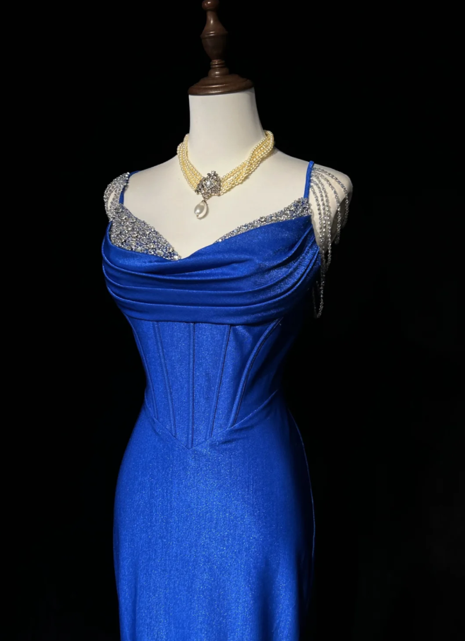 Charming Spaghetti Straps Royal Blue Satin Beaded Mermaid Long Evening Dress Birthday Prom Dress SP1961
