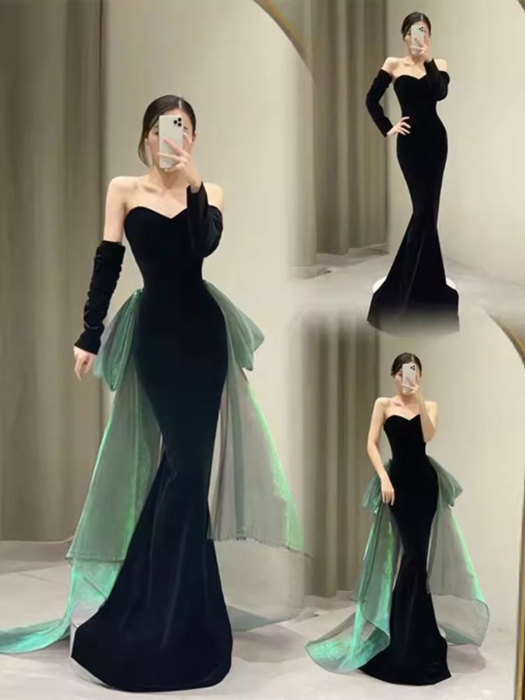 Sexy Mermaid Long Black Velvet Prom Dresses Long Prom Gown With Gloves Y7286