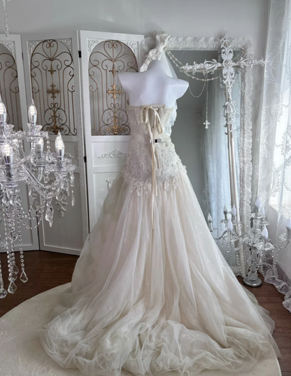 Classy Strapless Off White Tulle Beaded Appliques Mermaid Long Birthday Party Dress Prom Gown SP1463