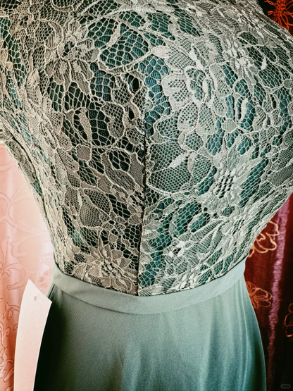 Vintage Green Sleeveless Lace Chiffon A Line Long Evening Dress Formal Wedding Guest Dress SP2385