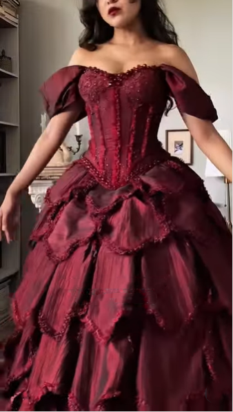 Vintage Off The Shoulder Satin Beaded Petals Layered Ball Gown Burgundy Quinceanera Dress Sweet 16 Dress SP2252