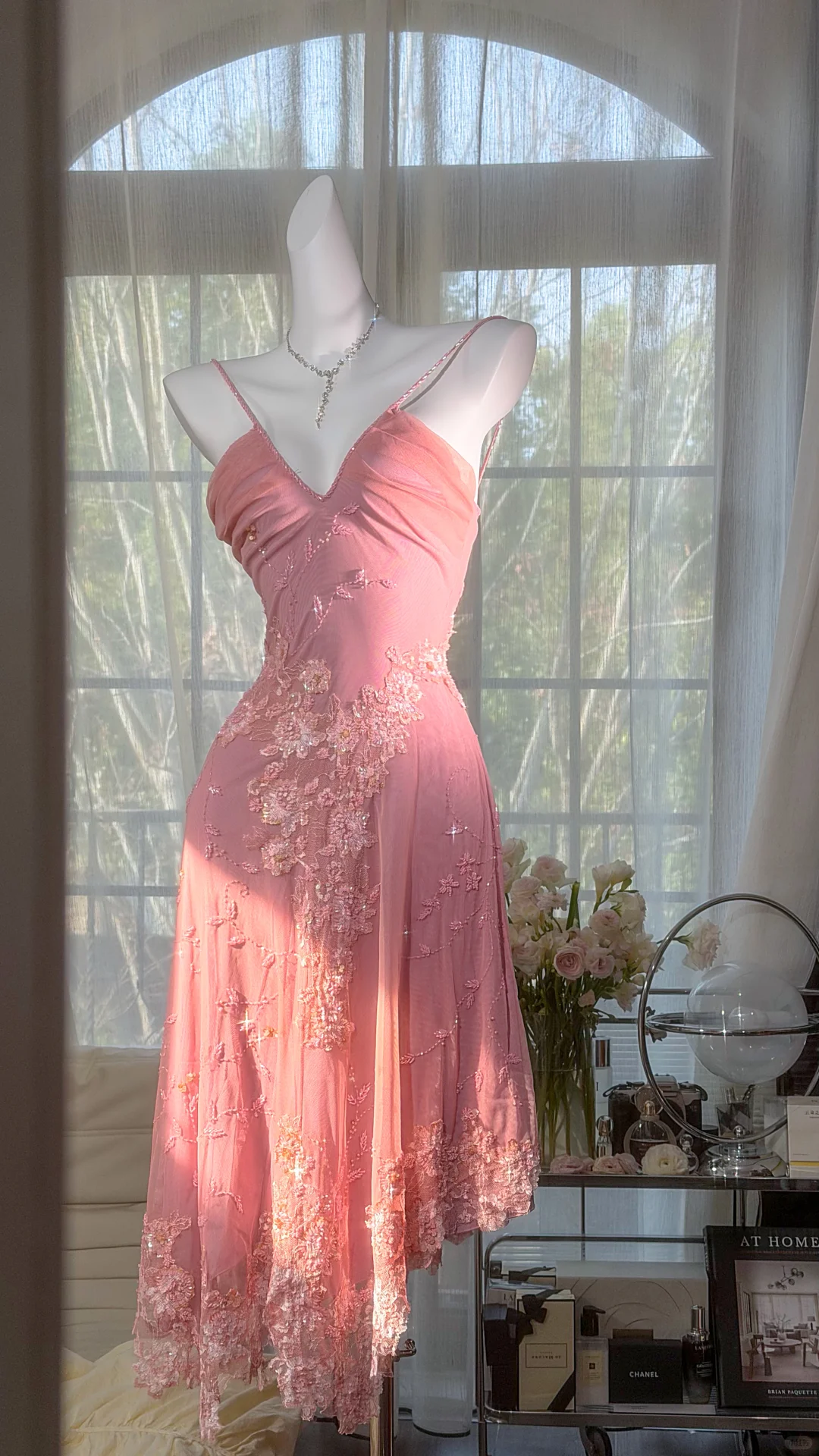 Charming Blush Pink V Neck Chiffon Beaded Sequin Long Birthday Dress Evening Dresses SP2183